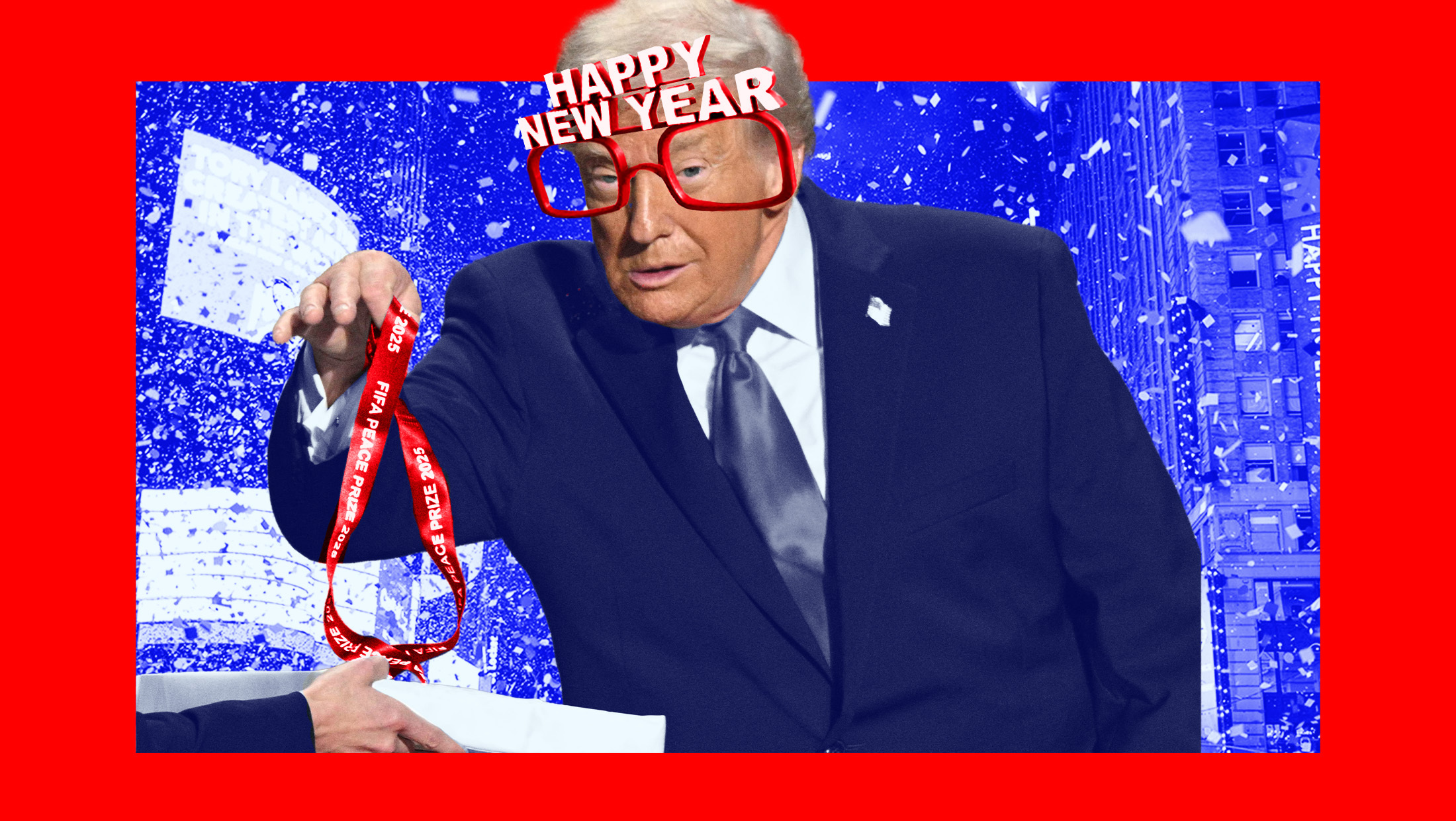 President Donald Trump in "New Year" glasses grabbing a medal. Photo: Jim WATSON/AFP via Getty Images)